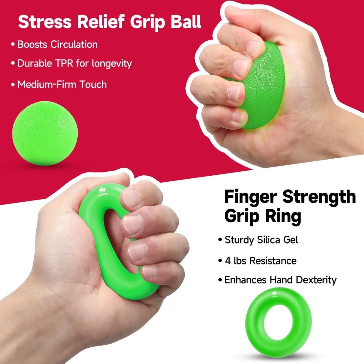 FitBeast Hand Grip Strengthener Workout Kit (5 Pack), 2 Forearm Grip Adjustable Resistance Hand Gripper, Finger Stretcher, Grip Ring & Stress Relief Grip Ball for Athletes - Light Green – Image 4