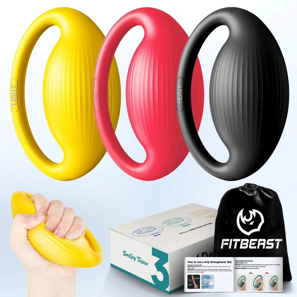 FitBeast Hand Exercise Balls - 3 Resistance Levels Stress Balls for Adults, Squeeze Balls for Hand Therapy, Rehabilitation, Arthritis, Muscle Building - 3 Piece Set -Yellow Red Black
