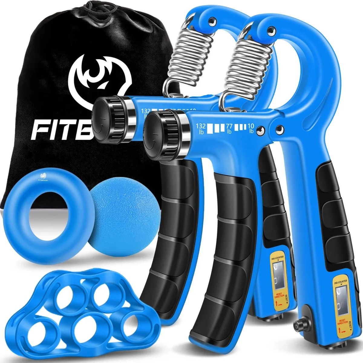 FitBeast Hand Grip Strengthener Workout Kit (5 Pack), 2 Forearm Grip Adjustable Resistance Hand Gripper, Finger Stretcher, Grip Ring & Stress Relief Grip Ball for Athletes -Sky Blue