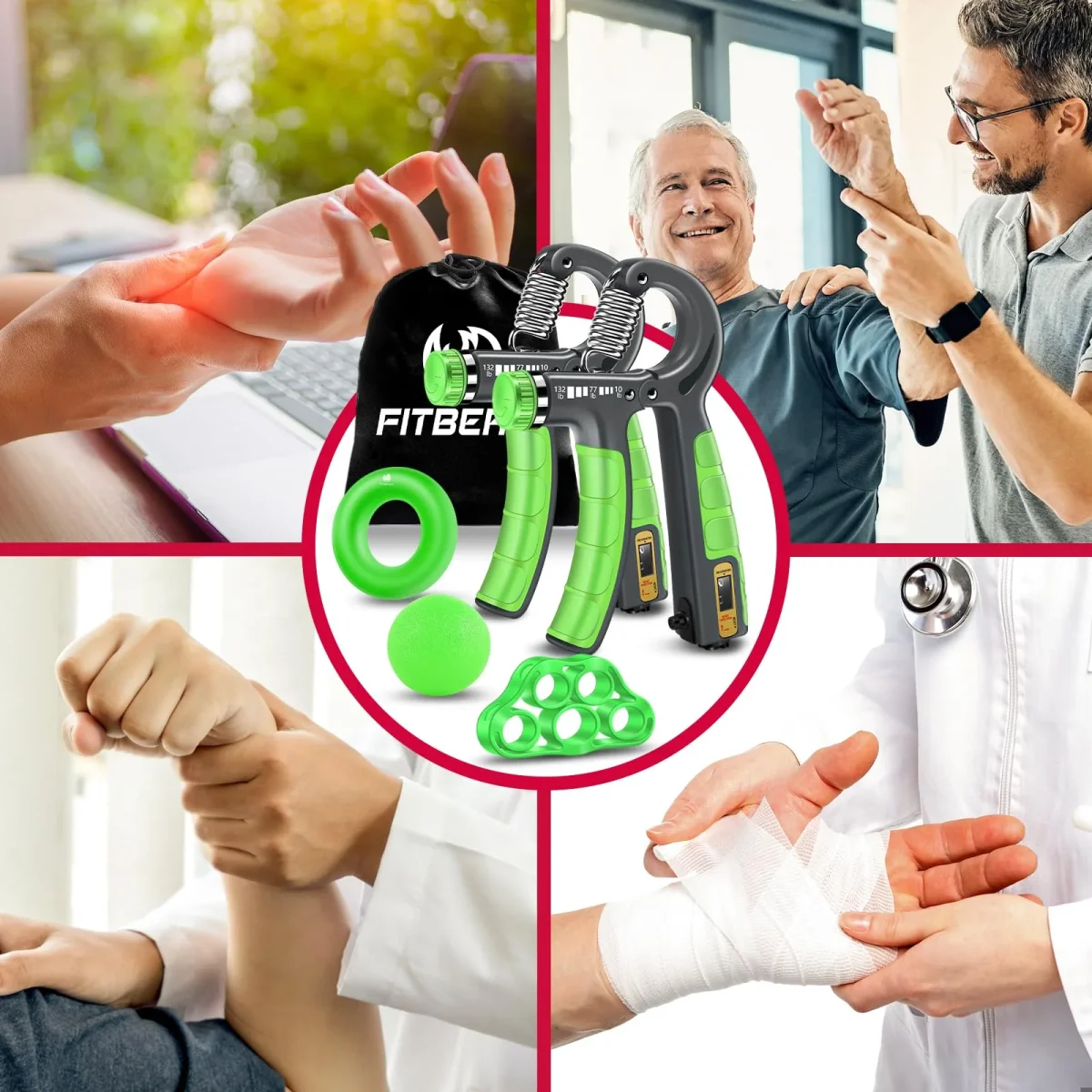 FitBeast Hand Grip Strengthener Workout Kit (5 Pack), 2 Forearm Grip Adjustable Resistance Hand Gripper, Finger Stretcher, Grip Ring & Stress Relief Grip Ball for Athletes - Light Green – Image 5