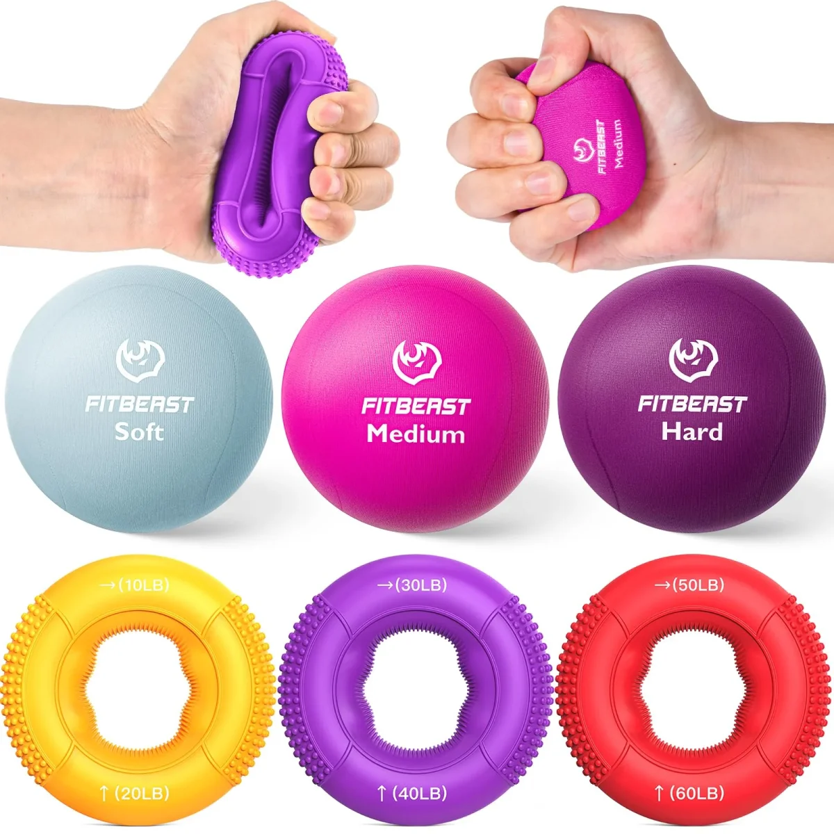 FitBeast Grip Strength Trainer, Finger Exerciser, Stress Balls for Adults 6-Piece Set, Hand Therapy for Strength, Recovery & Stress Relief, Forearm Strengthener for Men, Women & Seniors - 6-Piece Bright Tones